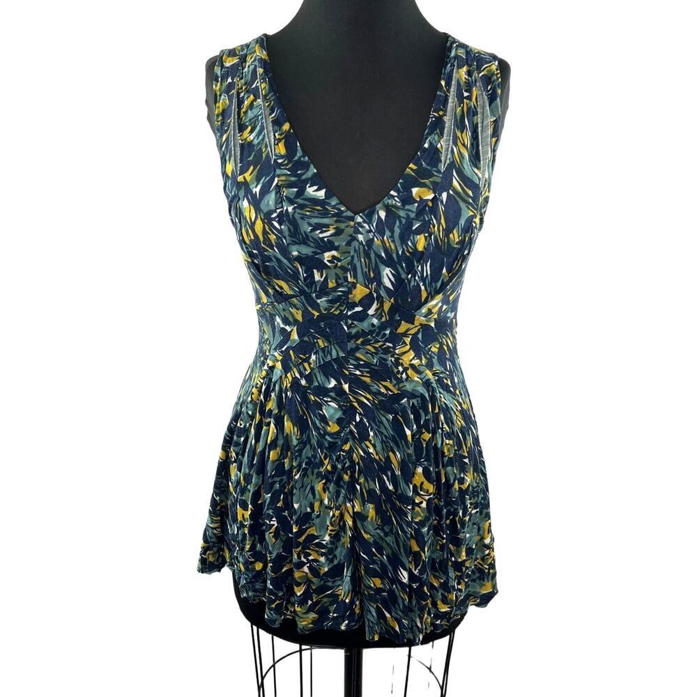 DELETTA Anthropogie Blue Teal Yellow Flowy Sleeveless Knit Top Size S Small